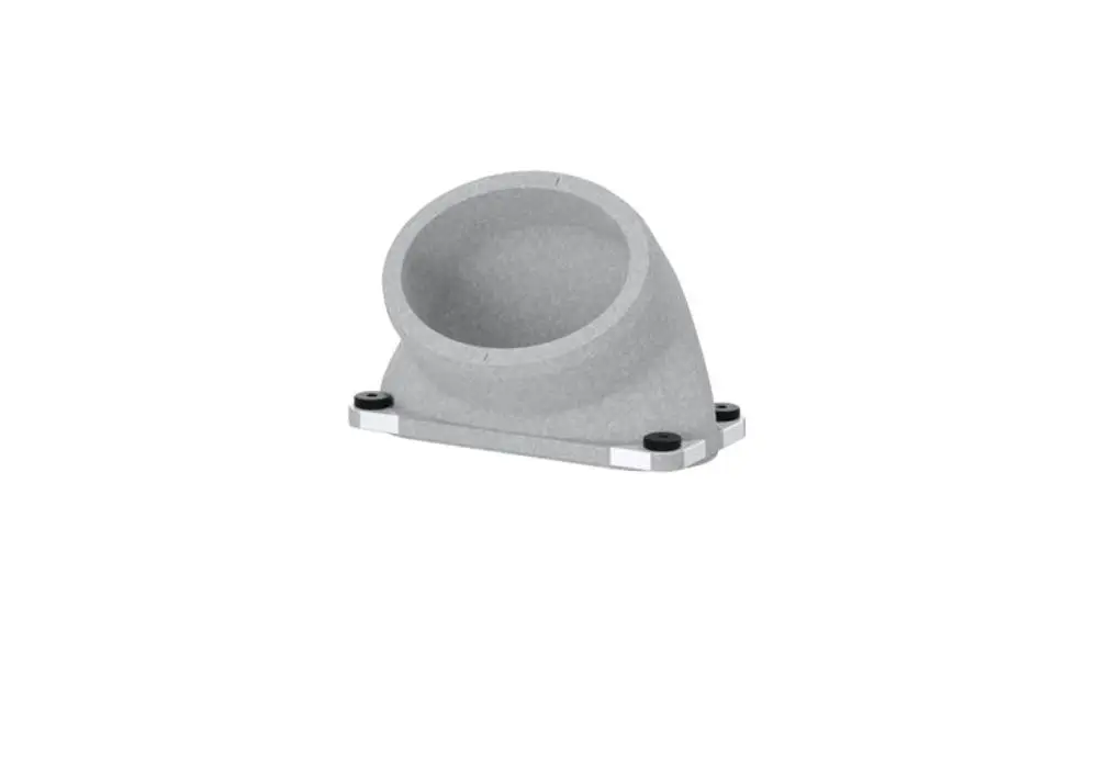 Grau-beschichteter Schnelladapter mit einem abgerundeten Eingang und einer flachen Basis, gefertigt von Stiebel Eltron. Montagemöglichkeiten sind erkennbar.
